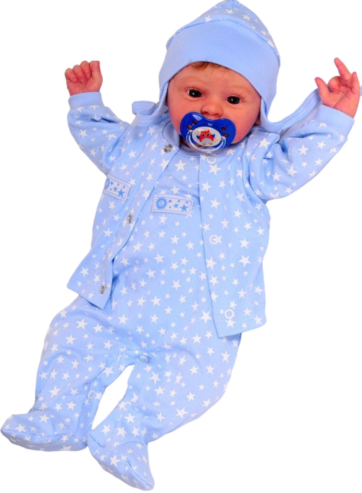Strampler Mütze und Hemdchen Baby Anzug in Blau mit Sternen Muster
