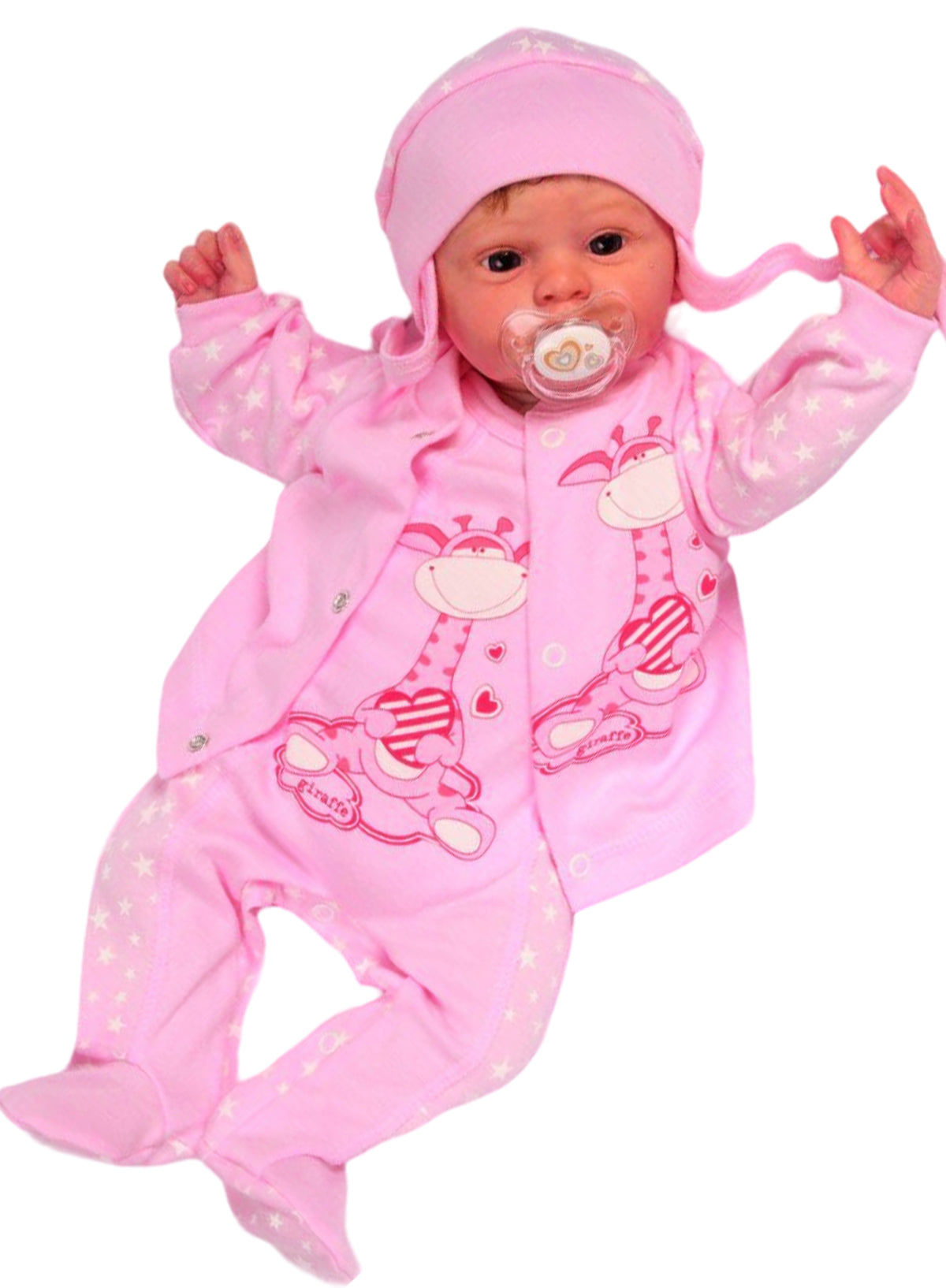 Strampler Mütze und Hemdchen Baby Anzug in Rosa mit Giraffen und Sternen Erstlingsset