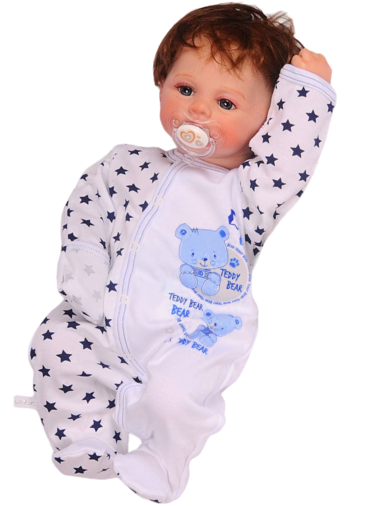 Baby Strampler Overall Schlafanzug in Weiß mit Sternen und Bärchen Aufdruck