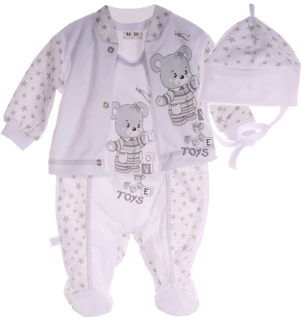 Baby Strampler Hemdchen Mütze Erstlingsset in weiß mit Sternchen und Bären Aufdruck