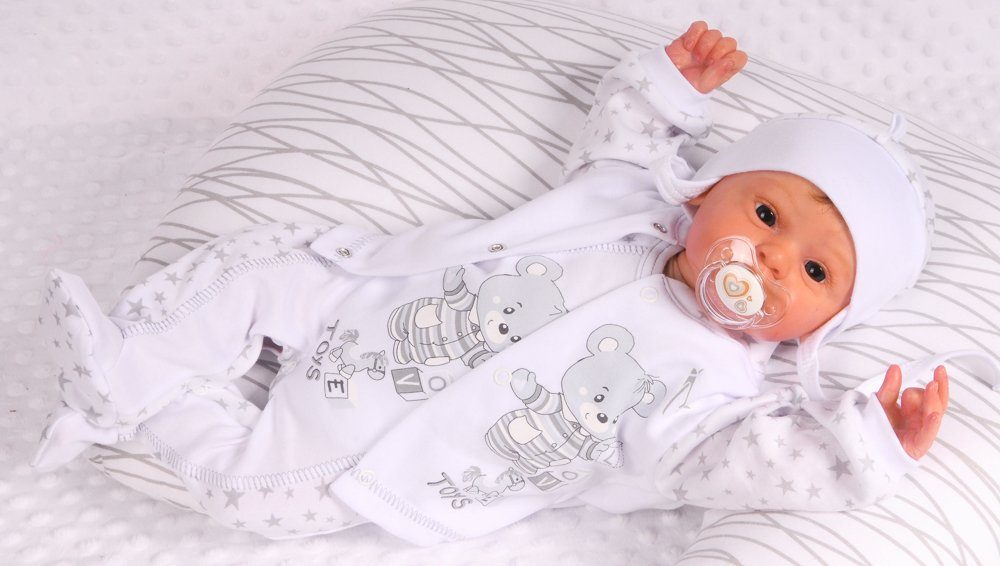 Strampler Mütze Hemdchen Baby Anzug in Weiß grau mit Sternchen und Bären