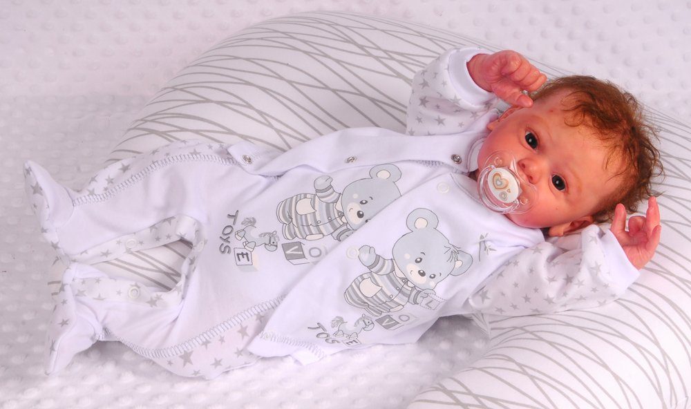 Strampler Mütze Hemdchen Baby Anzug in Weiß grau mit Sternchen und Bären