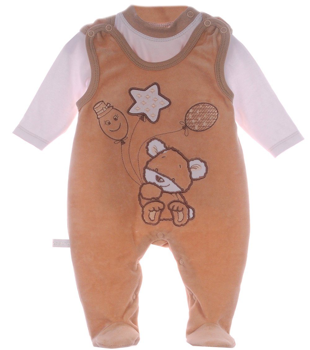 Strampler aus Velours und Shirt Baby Anzug in Beige mit Bären-Stickerei