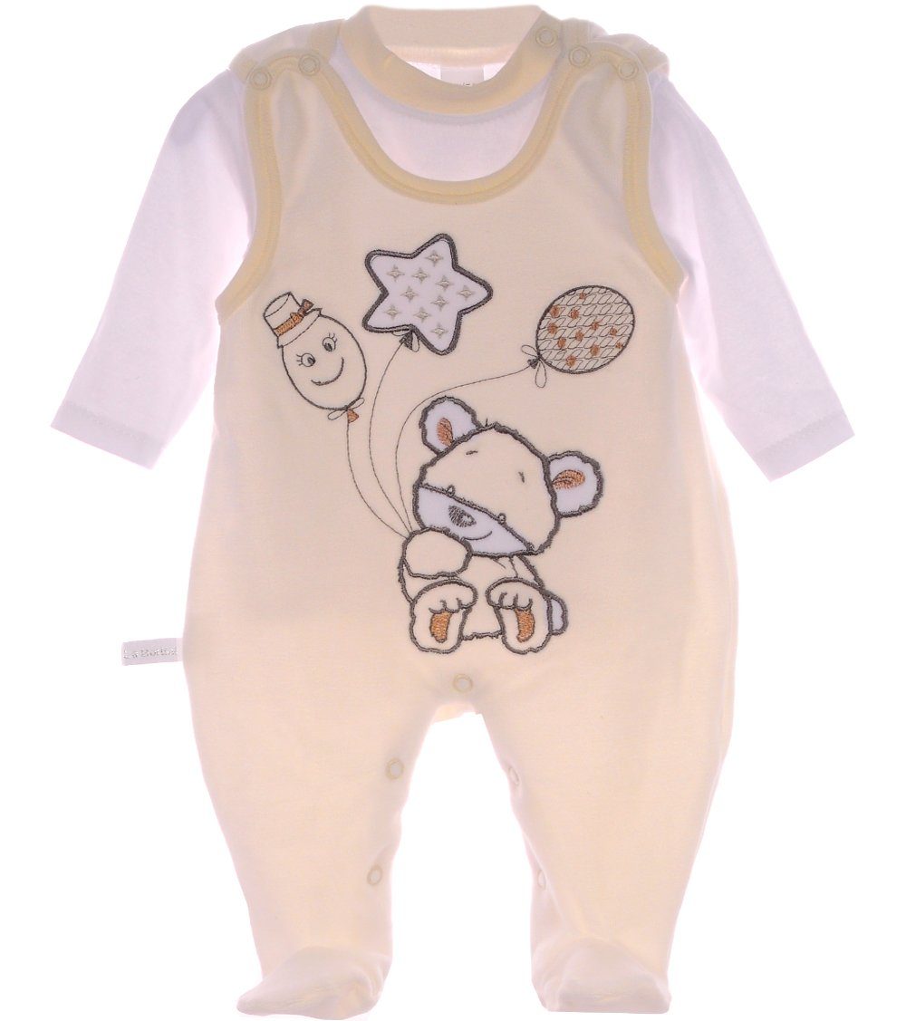 Strampler aus Velours und Shirt Baby Anzug in Creme mit Bärchen-Stickerei