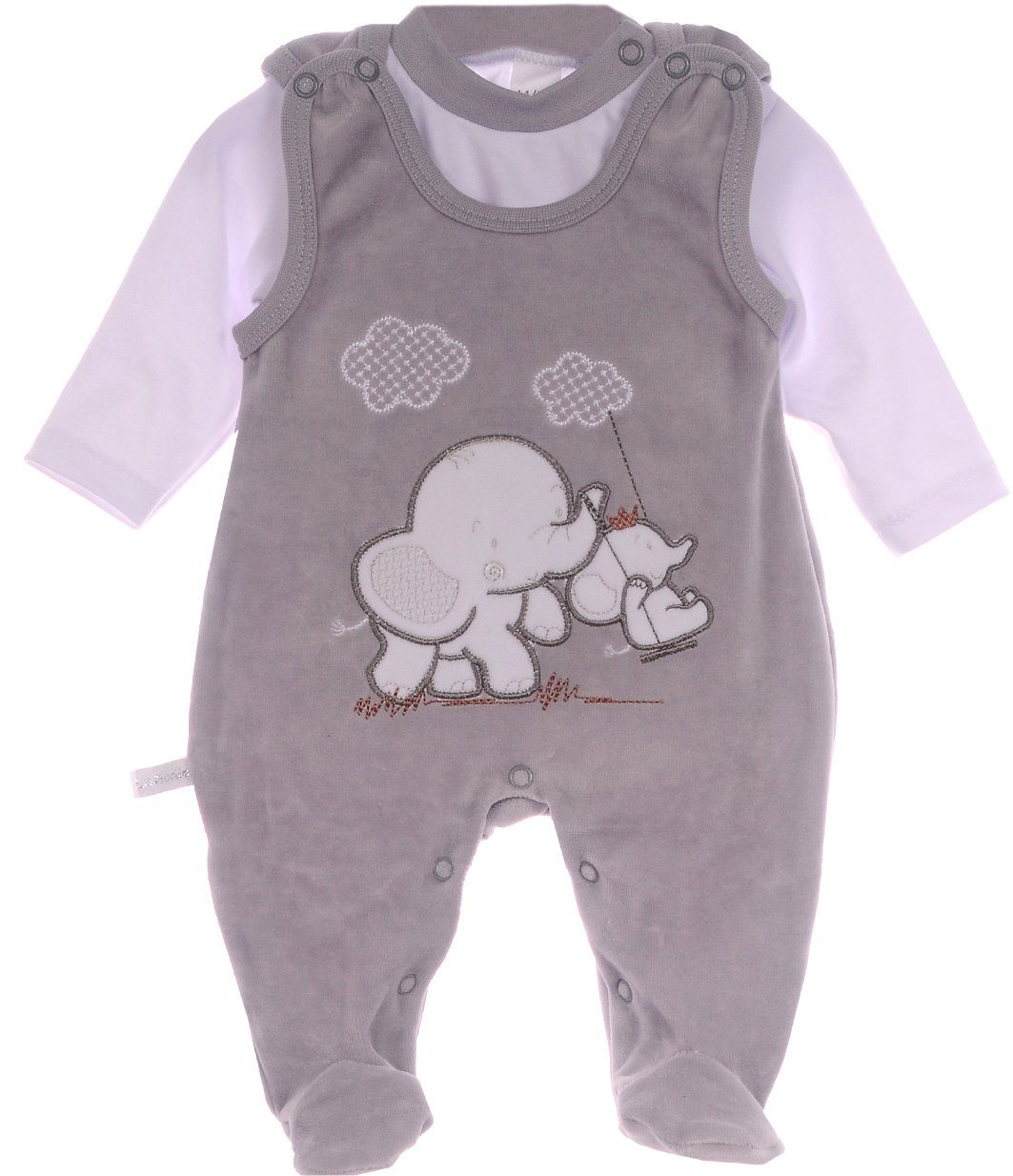 Strampler aus Velours und Shirt Baby Anzug in Grau mit Elefanten-Applikation