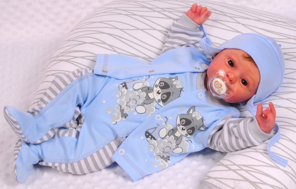 Erstlingsset Strampler Mütze Hemdchen Baby Anzug in Blau mit Waschbär Aufdruck