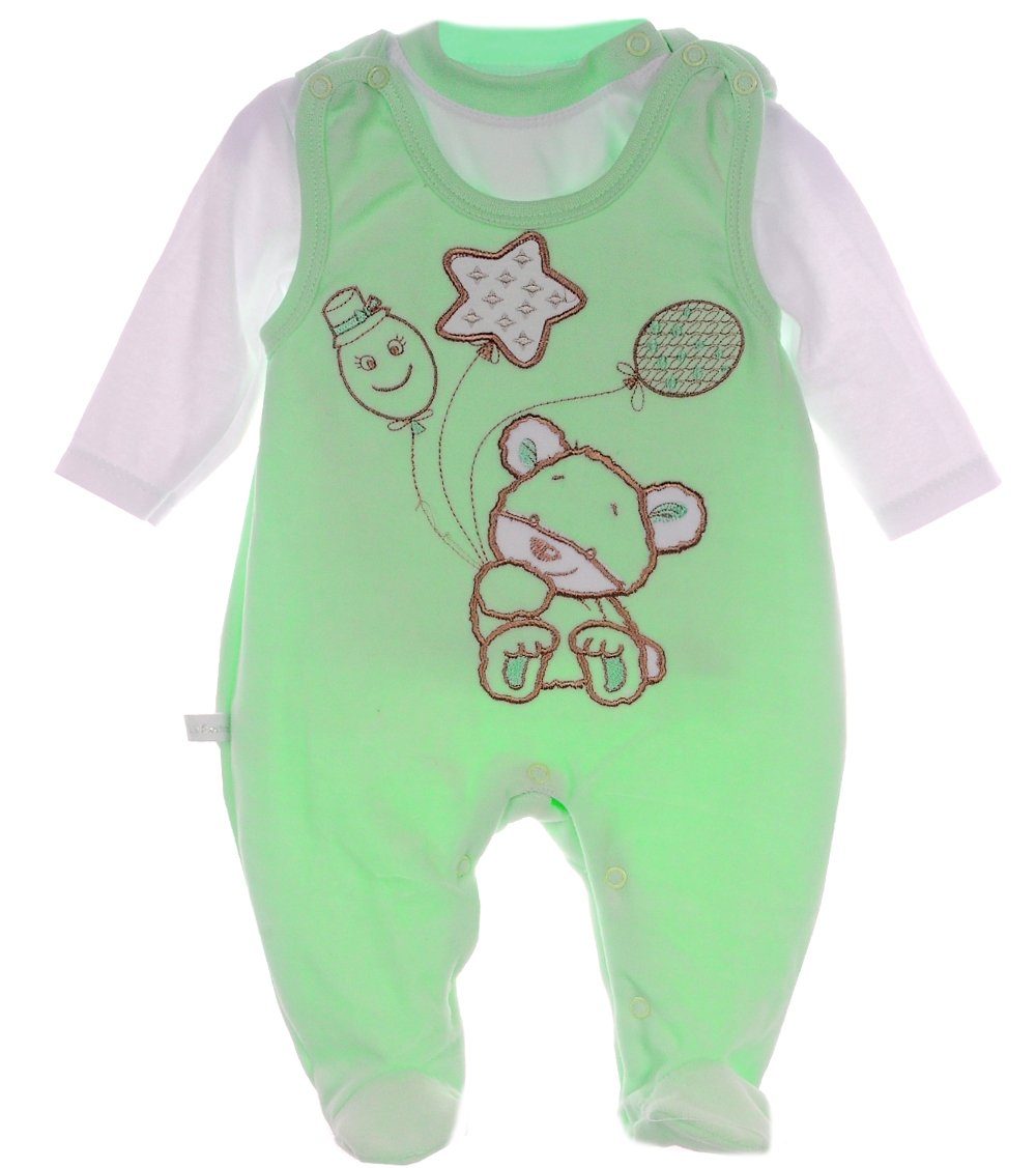 Strampler aus Velours und Shirt Baby Anzug in Grün mit Bärchen-Stickerei