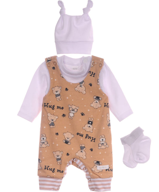 Baby Strampler Socken Mütze Langarmshirt Set 4Tlg in weiß beige mit Bären gesterift