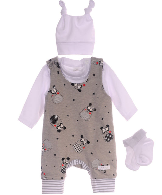 Baby Strampler Socken Mütze Langarmshirt Set 4Tlg in Grau gemustert, gestreift
