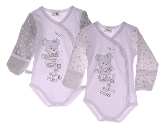Wickelbodys 2er Pack Baby Body in weiß grau mit Sternchen Muster und Bären Aufdruck