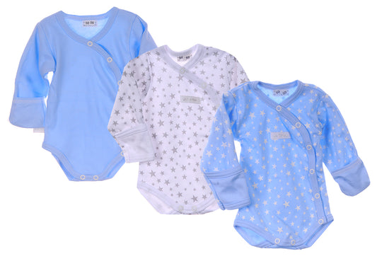 Wickelbodys 3er Pack Erstlingsbody mit Kratzschutz in Blau und Weiß Baby Body