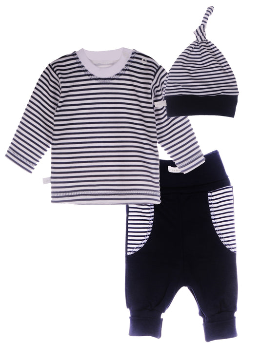Baby Anzug Lanrarmshirt Mitwachshose Mütze Erstlingsanzug in Blau gestreift