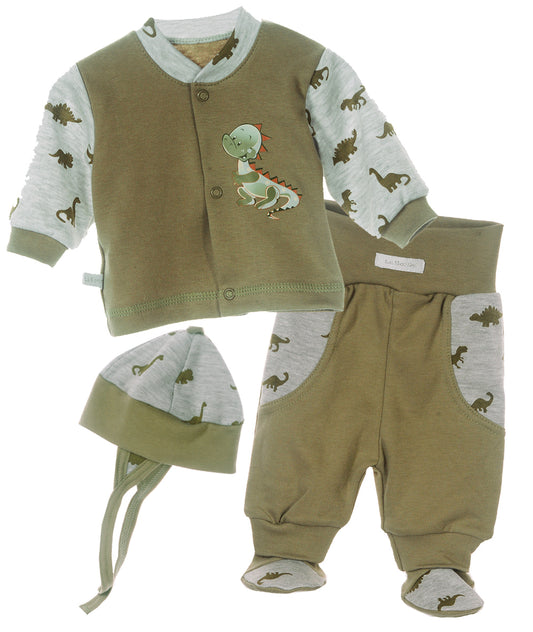 Hose Baby Anzug 3Tlg Hose Mütze Hemdchen in Khaki mit Dino