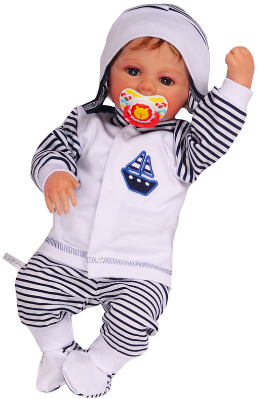 Hose Baby Anzug 3Tlg Hose Mütze Hemdchen in Weiß mit Schiff