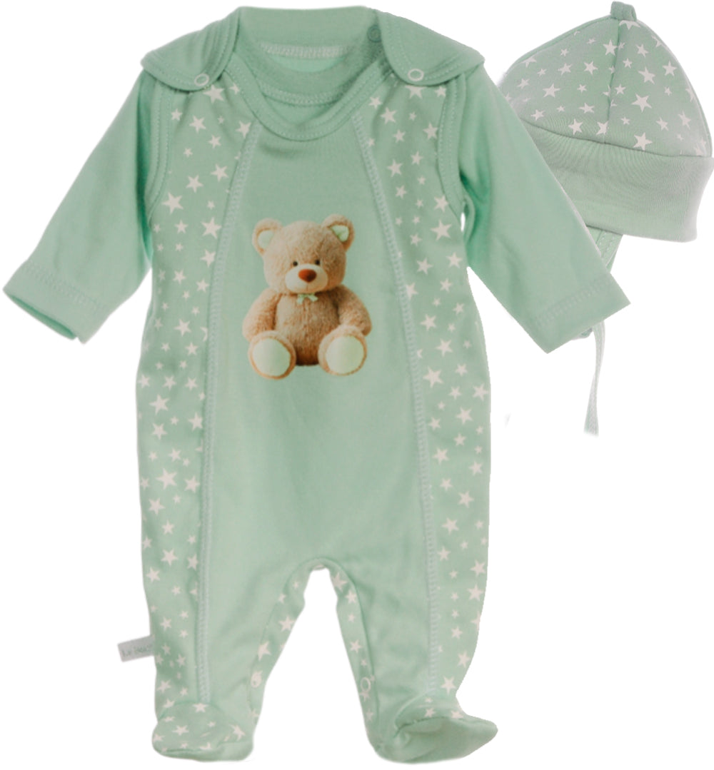 Strampler Mütze und Hemdchen Baby Anzug in Mintgrün mit Bären