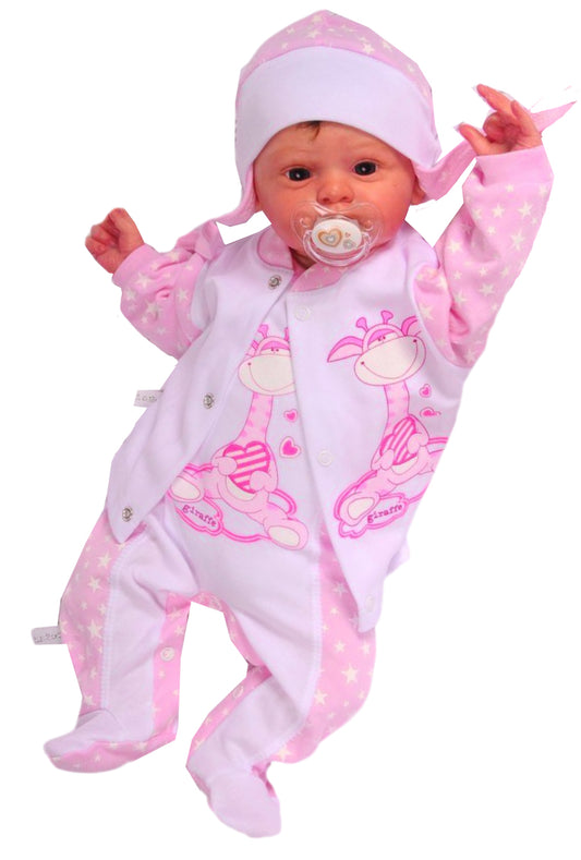 Strampler Mütze und Hemdchen Baby Anzug in weiß rosa mit Giraffen Aufdruck
