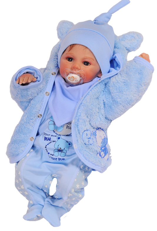 Erstlingsausstattung 5tlg Strampler Jacke Mütze Langarmshirt Lätzchen in Blau
