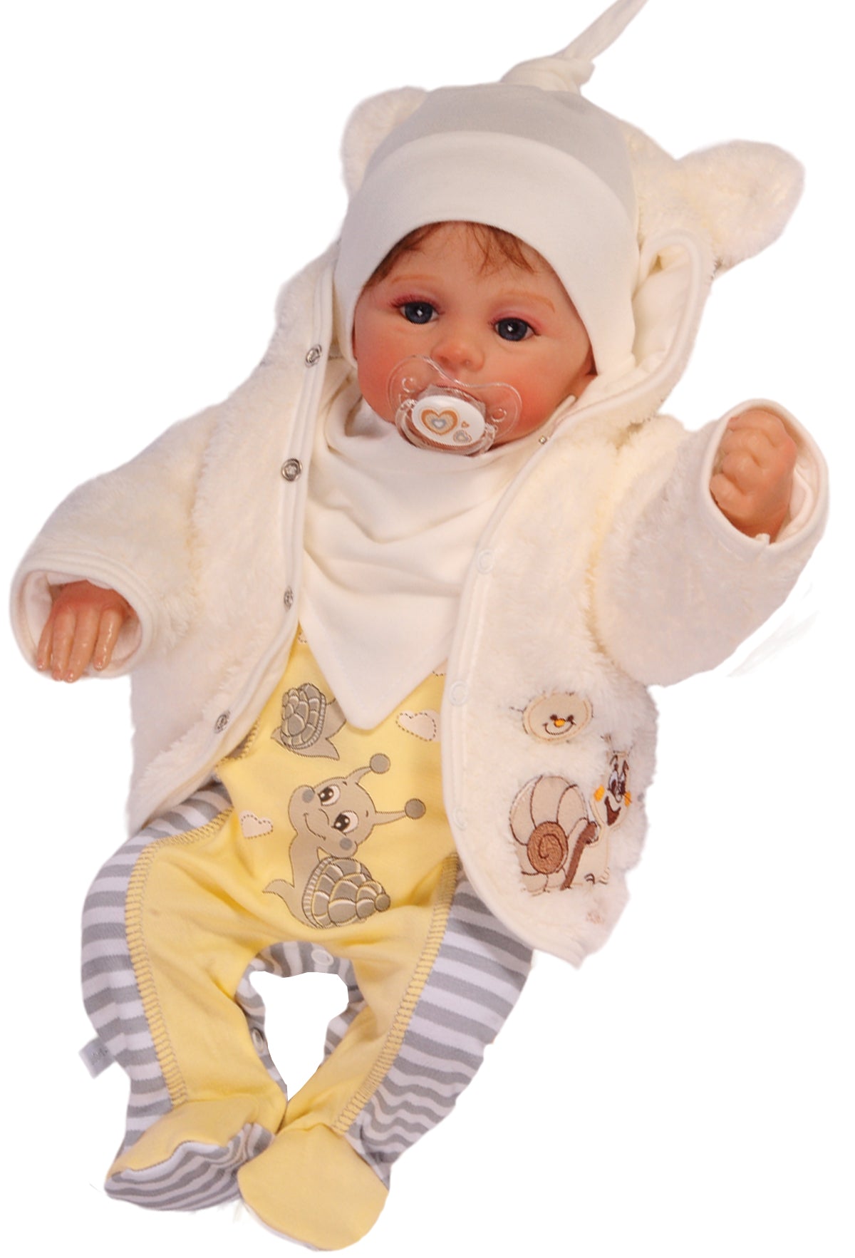 Erstlingsausstattung 5tlg Strampler Jacke Mütze Langarmshirt Lätzchen in Creme gelb