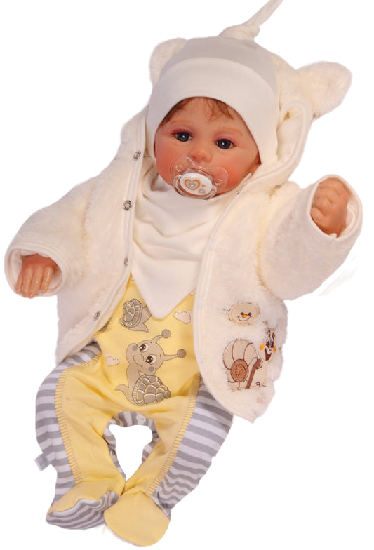 Erstlingsausstattung 5tlg Strampler Jacke Mütze Langarmshirt Lätzchen in Creme gelb