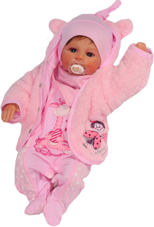 Erstlingsausstattung 5tlg Strampler Jacke Mütze Langarmshirt Lätzchen in Rosa