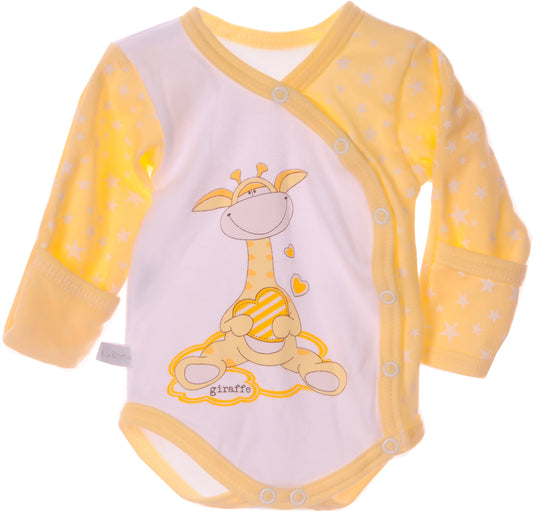 Baby Body Wickelbody mit Kratzschutz langarm in Gelb mit Giraffen Aufdruck und Sternchen