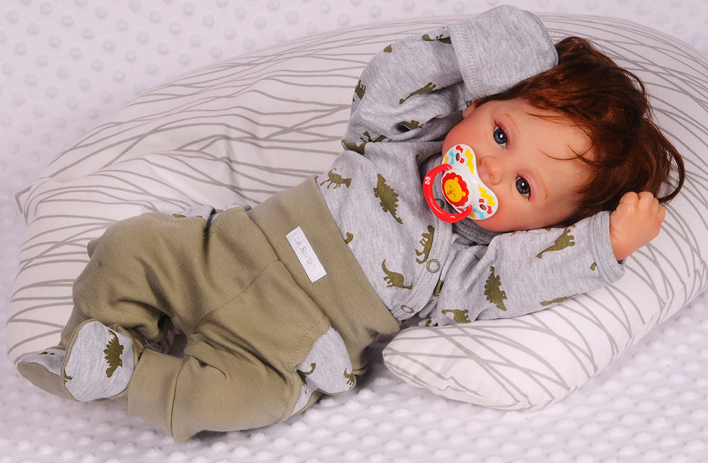 Body Hose Baby Anzug Wickelbody mit Kratzschutz in Grau Khaki mit Dinos Muster