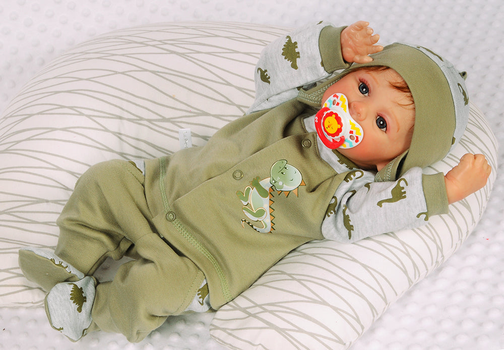 Hose Baby Anzug 3Tlg Hose Mütze Hemdchen in Khaki mit Dino
