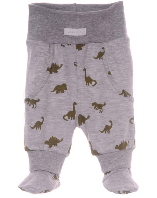 Schlupfhose Hose mit Füßchen in Grau mit Dinos Muster