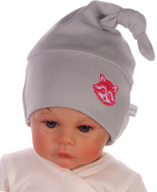 Baby Mütze Knotenmütze für Neugeborene in Grau Pink