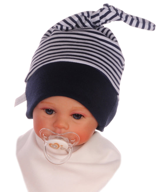 Mütze Baby Knotenmütze für Neugeborene geringelt in Blau