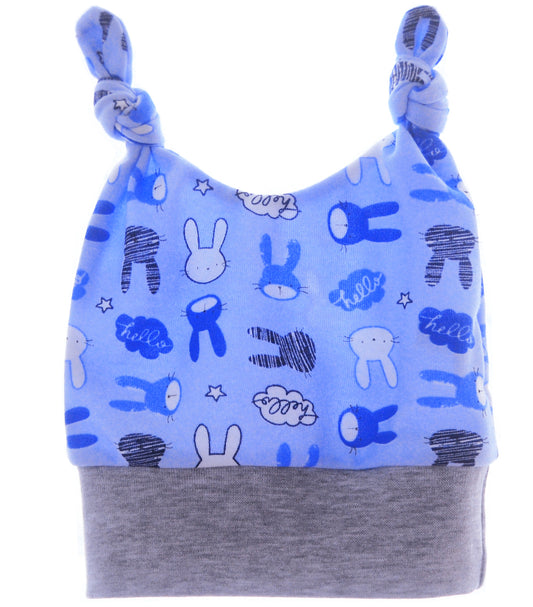 Baby Mütze Knotenmütze in Blau mit Hasenmuster