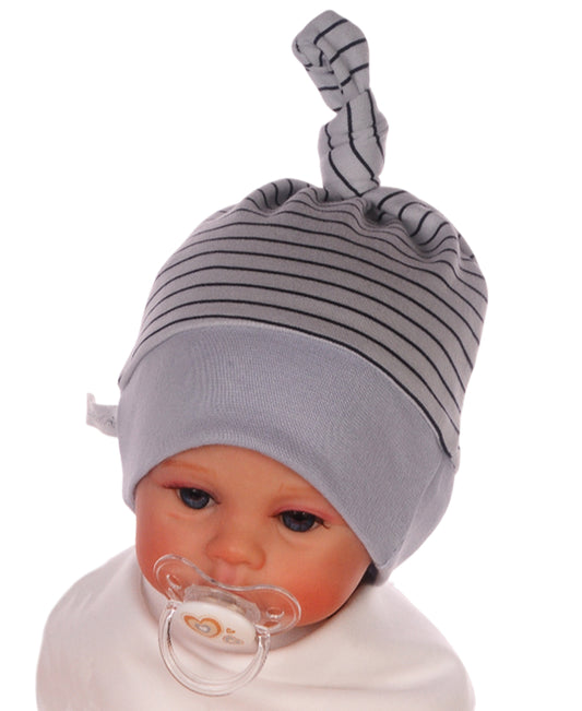 Mütze Baby Knotenmütze für Neugeborene geringelt in Grau