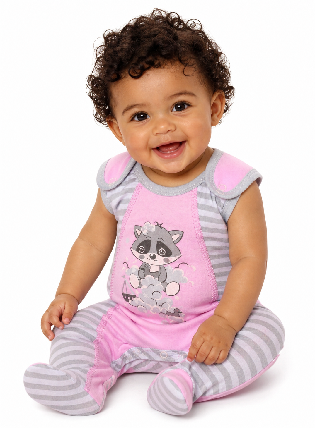 Strampler Baby Einteiler in Rosa gestreift mit Waschbär Aufdruck