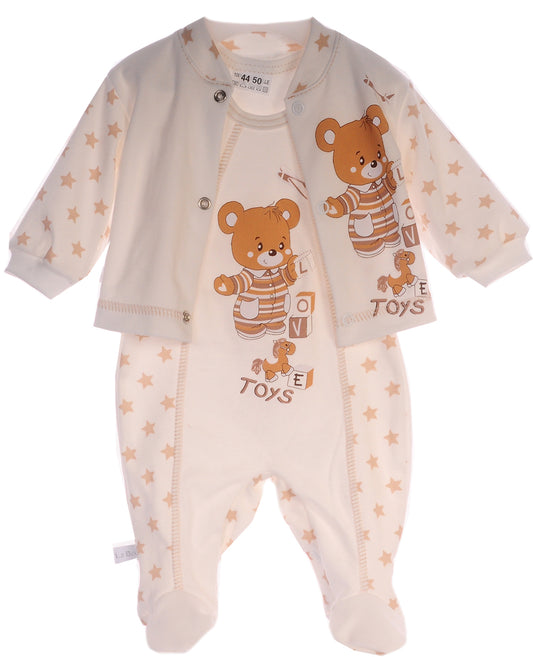 Strampler Hemdchen Baby Anzug Erstlingsset in Creme mit Sternchen und Bär