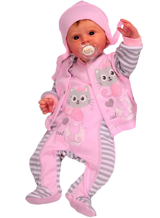 Strampler Mütze Hemdchen Baby Anzug in Rosa mit Katze