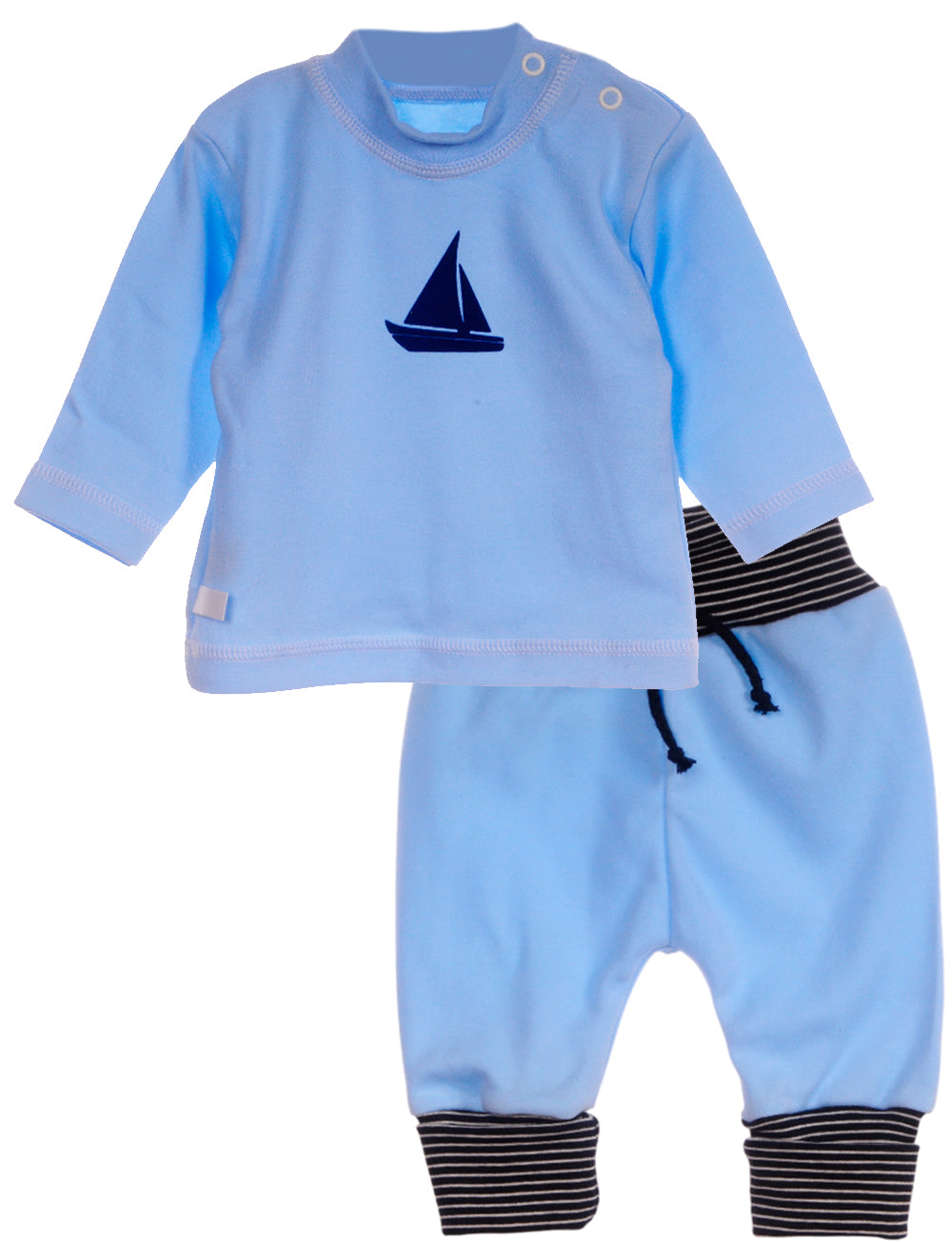 Baby Anzug Langarmshirt und Mitwachshose in Blau mit Segelboot