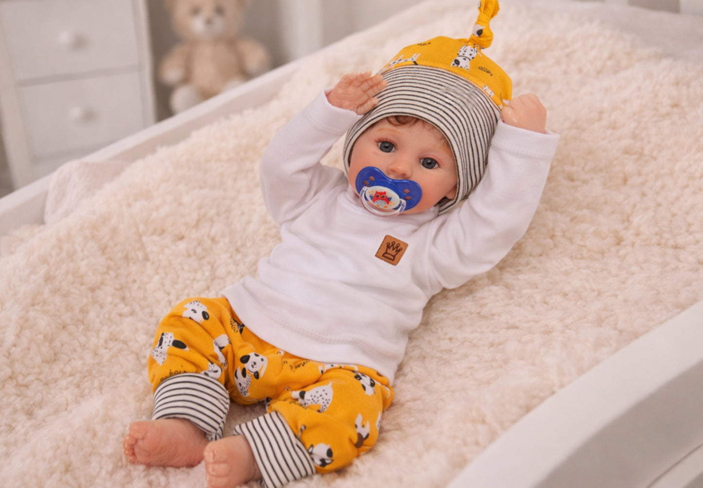 Baby Anzug Erstlingsset Wickelbody Mitwachshose Mütze Set weiß gelb