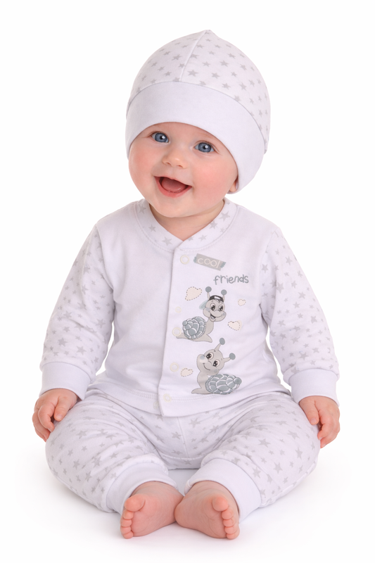 Baby Anzug 3-teilig Hemdchen Hose Mütze in Weiß mit Schnecken