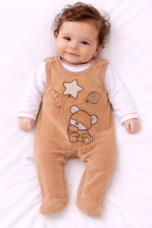 Strampler aus Velours und Shirt Baby Anzug in Beige mit Bären-Stickerei