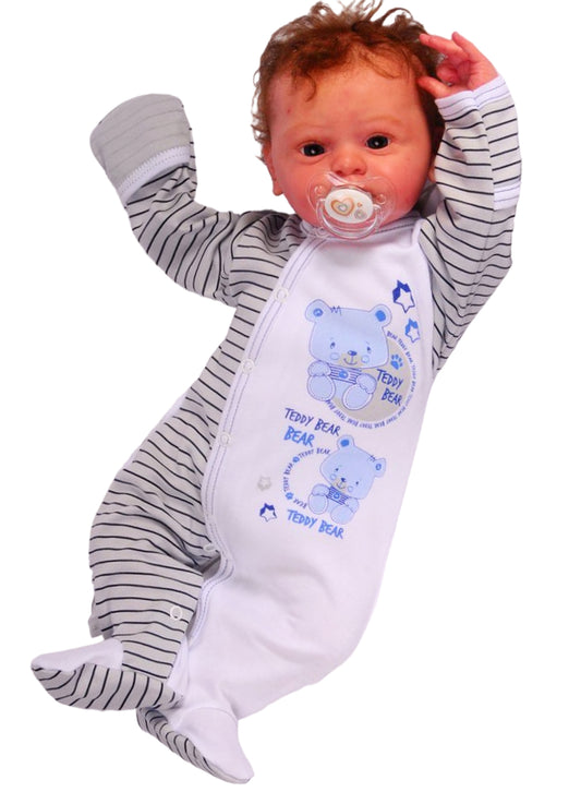 von Baby Strampler Overall Schlafanzug in weiß grau gestreift mit Bärchen Aufdruck