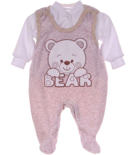 Strampler und Shirt Baby Anzug in Beige weiß aus Velours mit Bärchen
