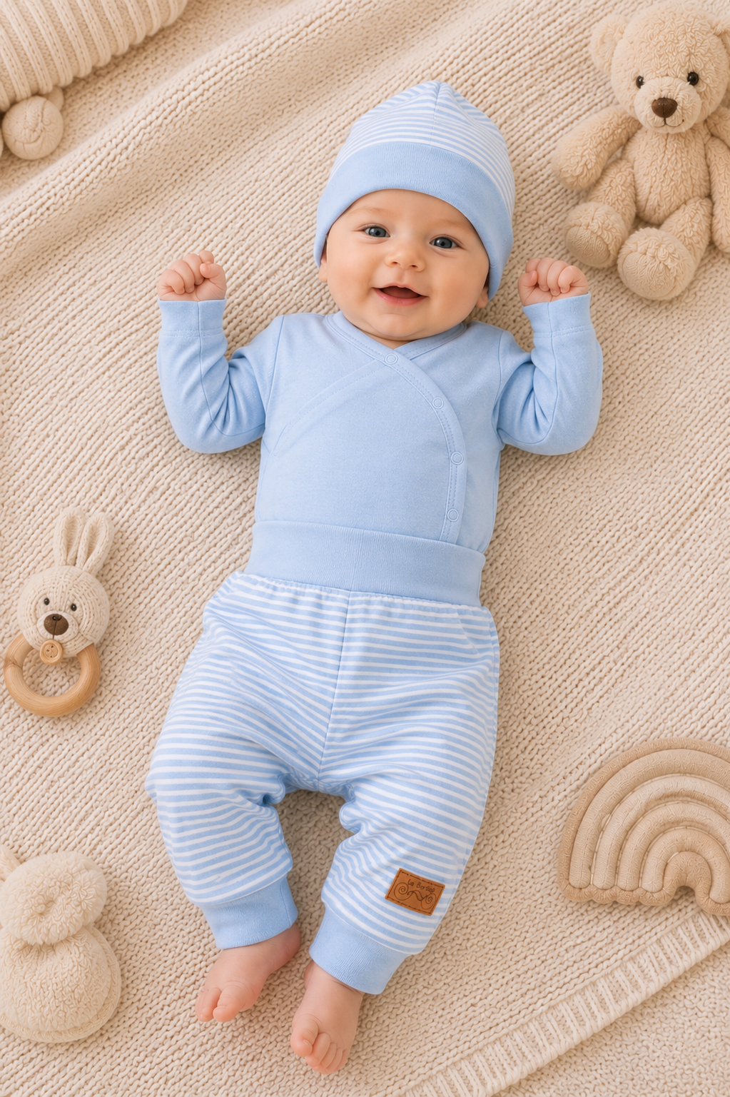 Baby Set 3Tlg Wickelbody Hose Mütze in Blau