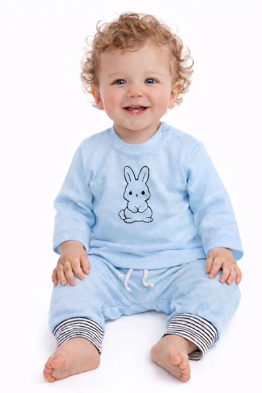 Baby Anzug Langarmshirt und Mitwachshose in Blau mit Hasen