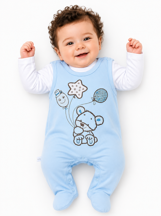 Strampler und Shirt Baby Anzug in Blau mit Bärchen-Stickerei