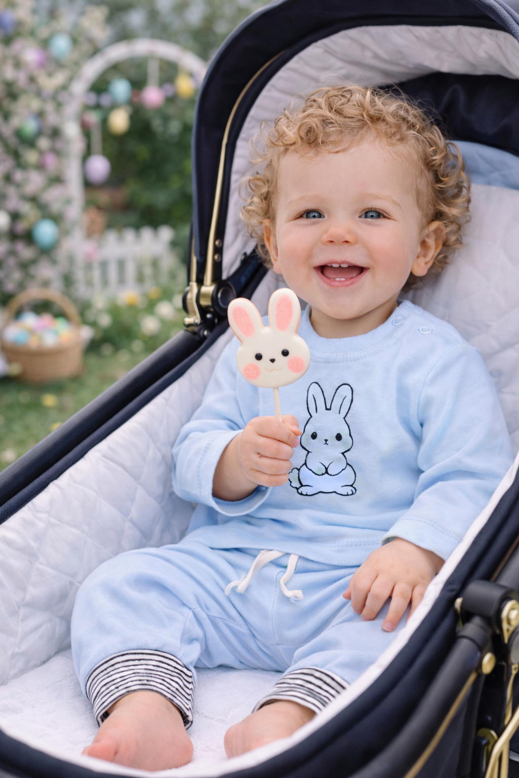 Baby Anzug Langarmshirt und Mitwachshose in Blau mit Hasen