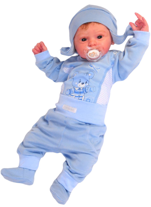 Body Hose und Mütze 3Tlg Baby Anzug in Blau mit Bärchen Aufdruck