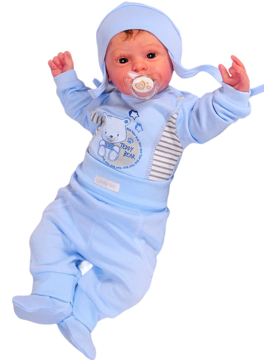 Body Hose und Mütze 3Tlg Baby Anzug in Blau mit Bärchen Aufdruck