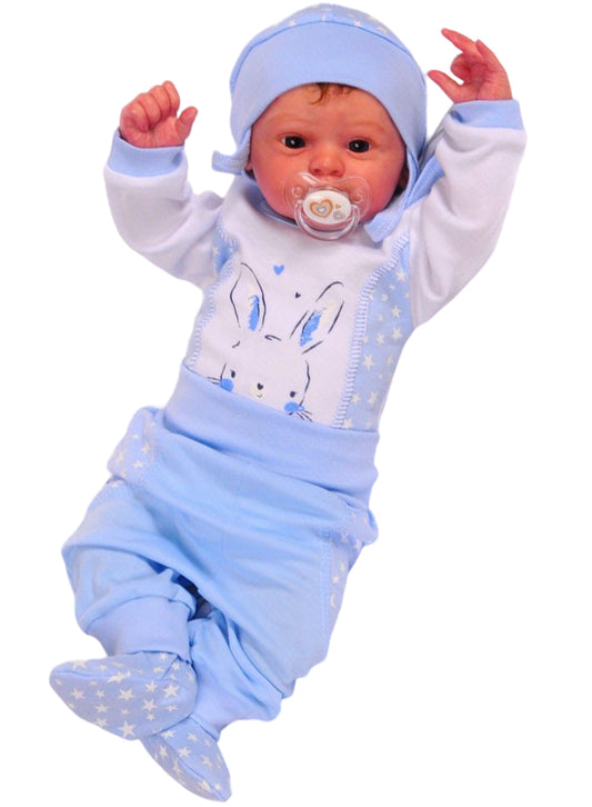 Body Hose und Mütze 3Tlg Baby Anzug in weiß blau mit Hasen
