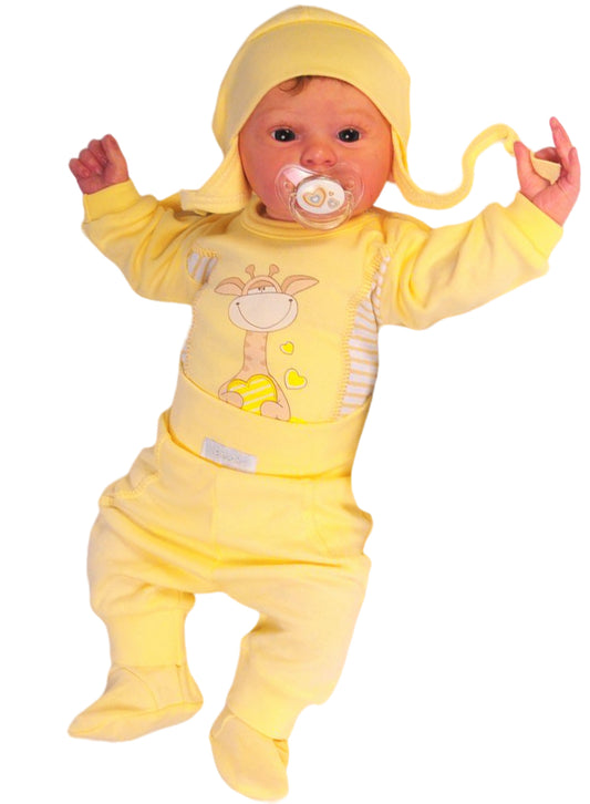 Body Hose und Mütze 3Tlg Baby Anzug in Gelb mit Giraffen Aufdruck