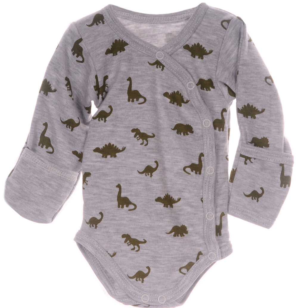 Baby Body Wickelbody langarm in Grau mit Dino Muster